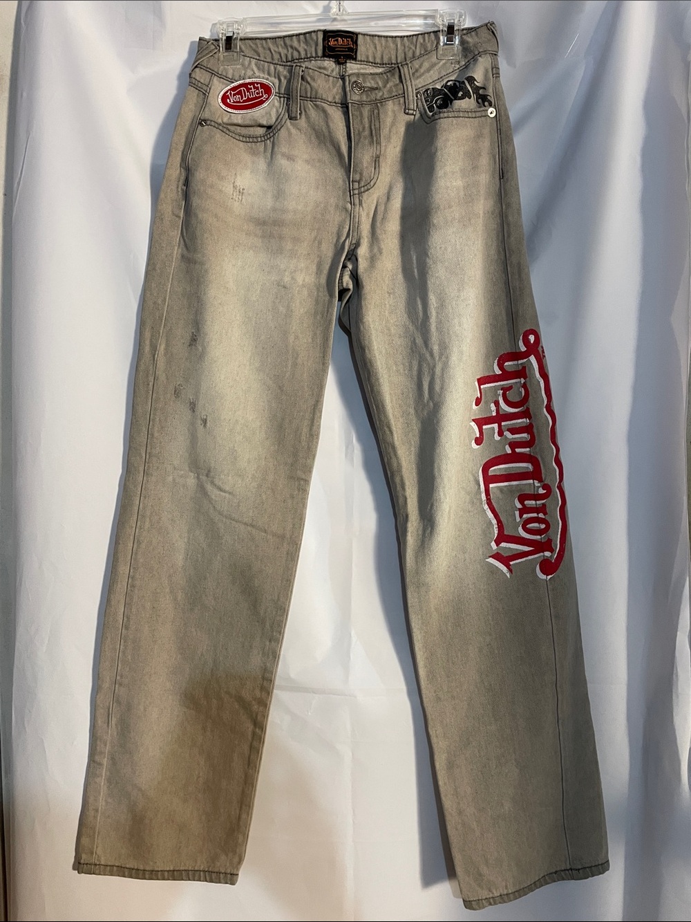 Von Dutch Straight-Leg Gray Jeans with Red Logo Script, size 1